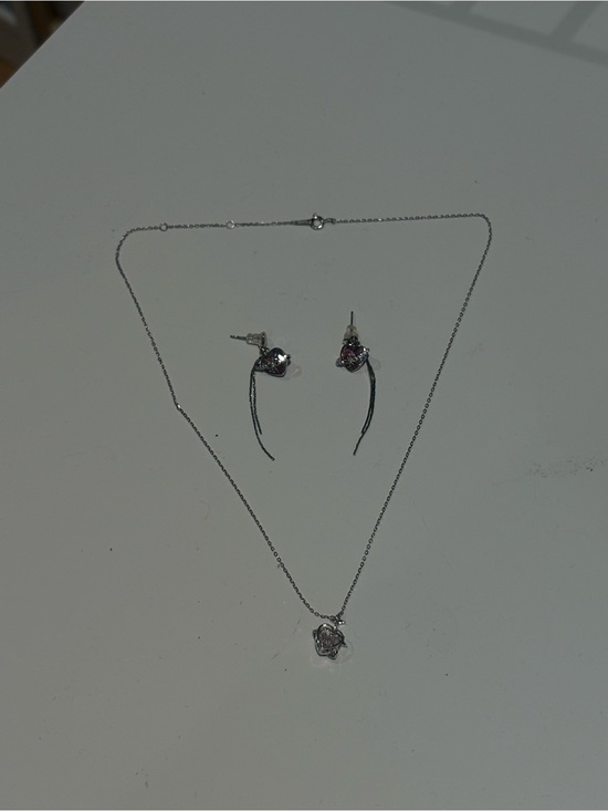 Jewelry - Sterling Silver Pink Crystal Heart Necklace and Earring Set